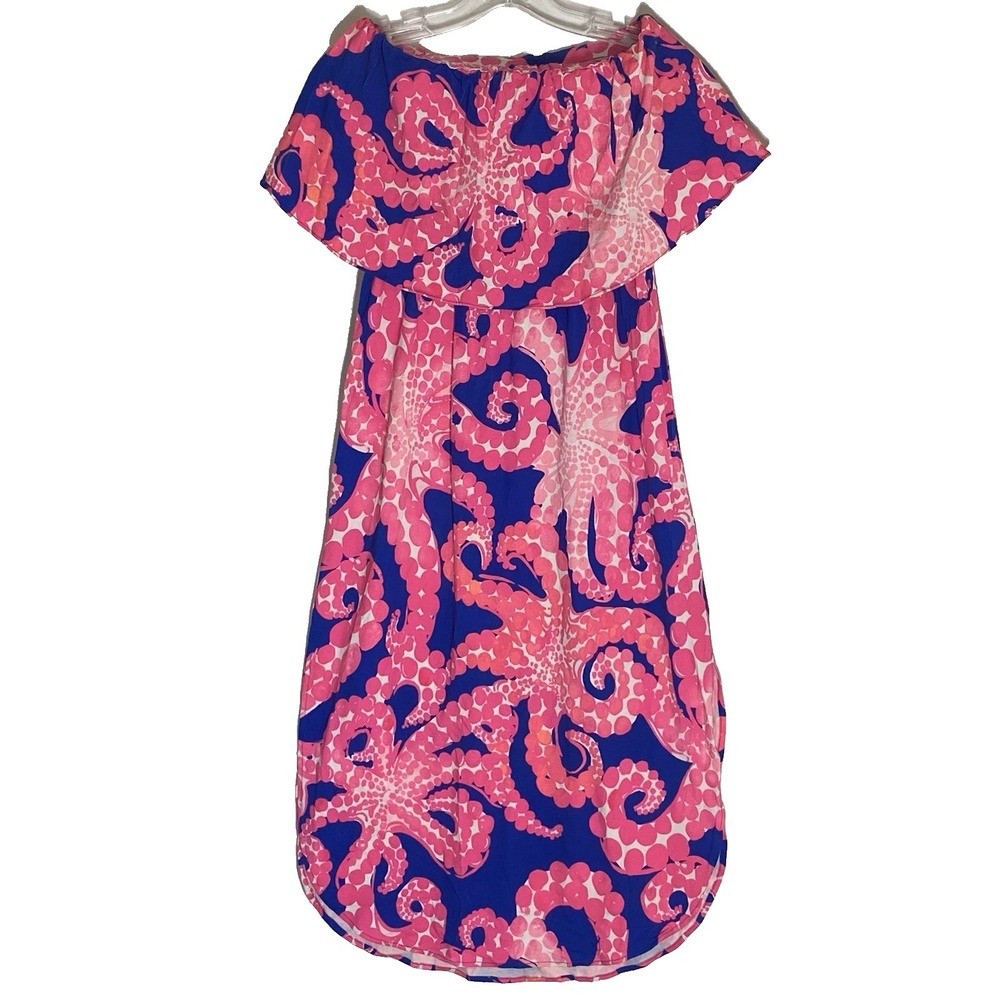 Lilly Pulitzer Dress Womens XS Pink Blue Octopus Print Strapless Ruffle Meridian